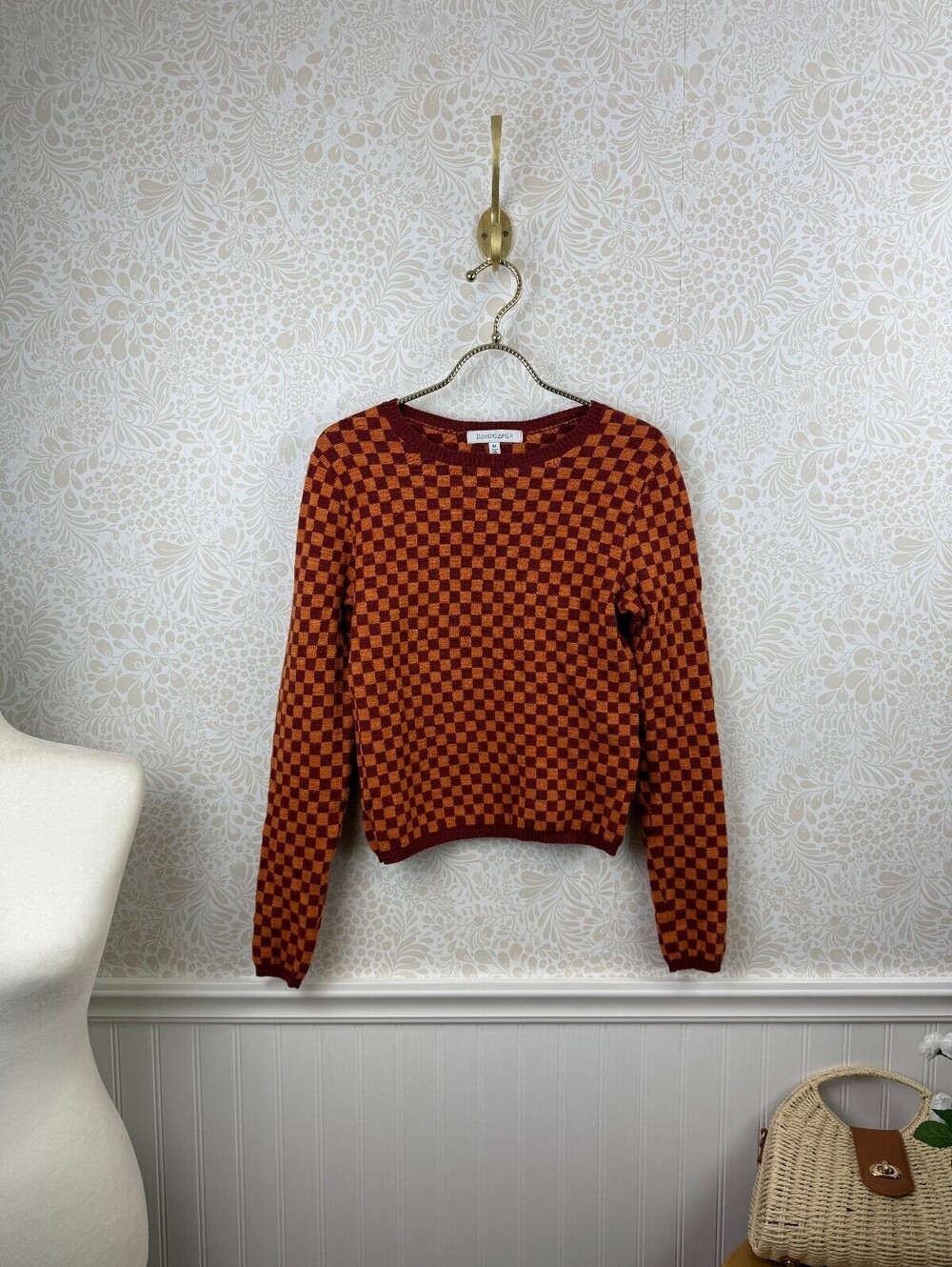 Daydreamer Orange & Burgundy Checkered Crop Crew Sweater - Size - Medium